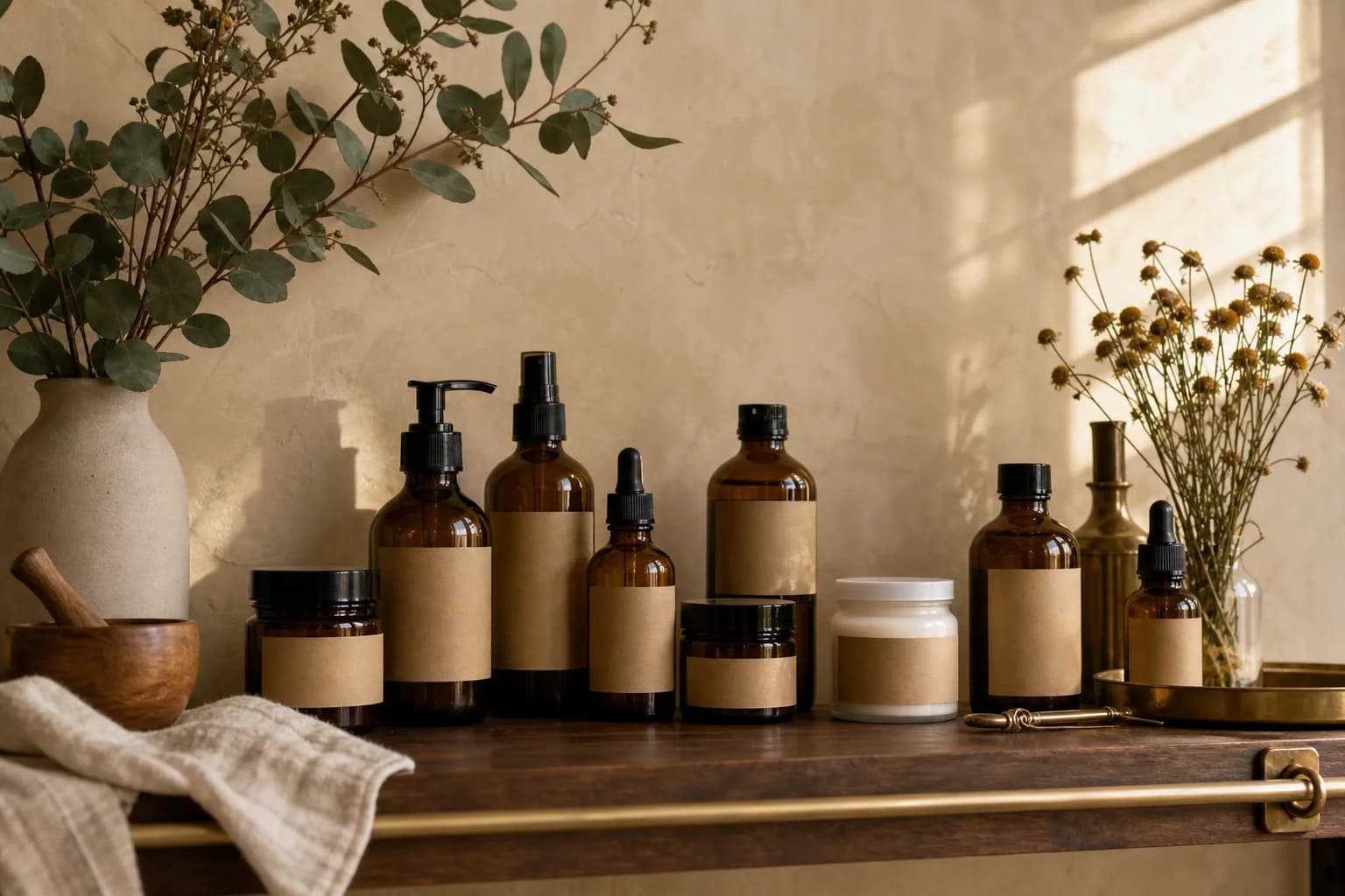 A modern apothecary shelf of amber bottles and botanicals in warm light
